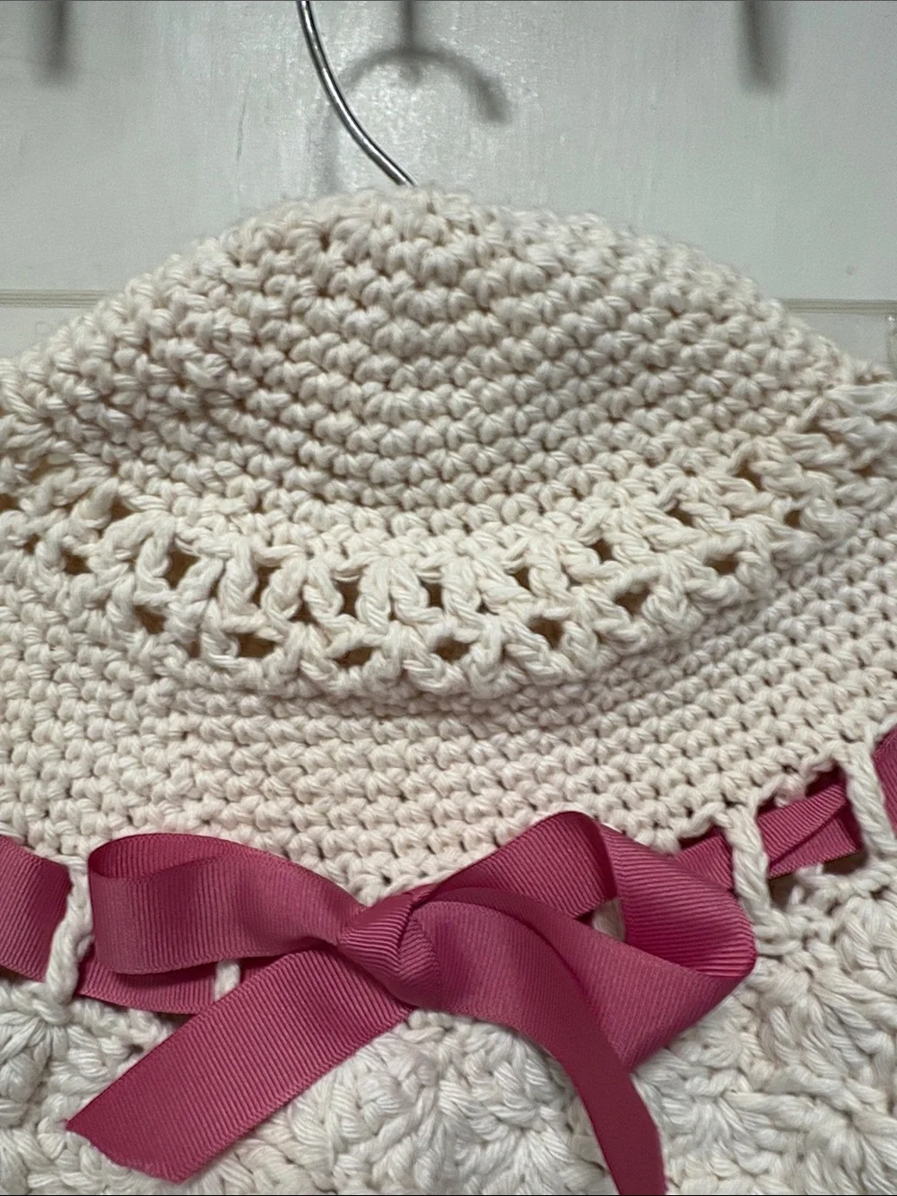 Cream Crochet Sun Hat with Pink Ribbon